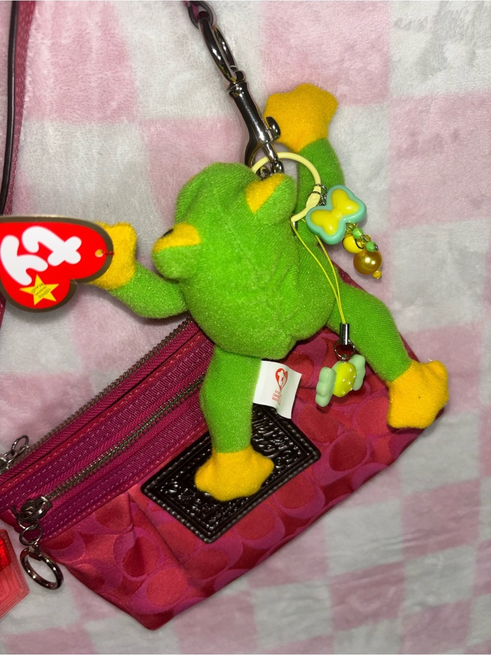 Ty Beanie Baby Frog Keychain Charm Y2K Green Plush w Charms Cute